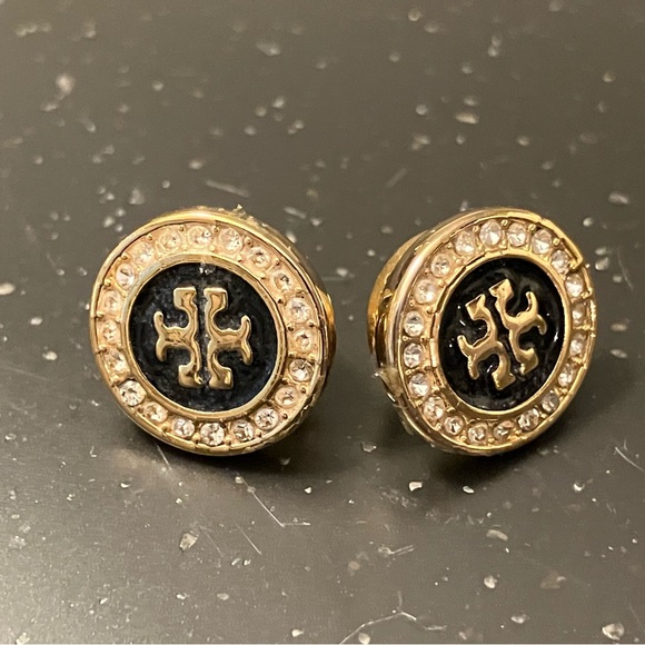 Tory Burch- Gold Logo on Black Background with Pave Stone Surround Stud Earrings - Picture 2 of 5
